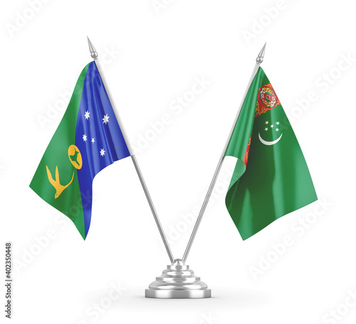 Turkmenistan and Christmas Island table flags isolated on white 3D rendering