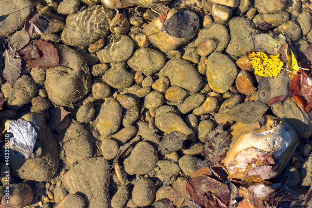 Natural river stony bottom, shallow riverbed during autumn weather on a Sunny day in a mountainous area. Natural river stony bottom, shallow riverbed during autumn weather on a Sunny day in a mountainous area.