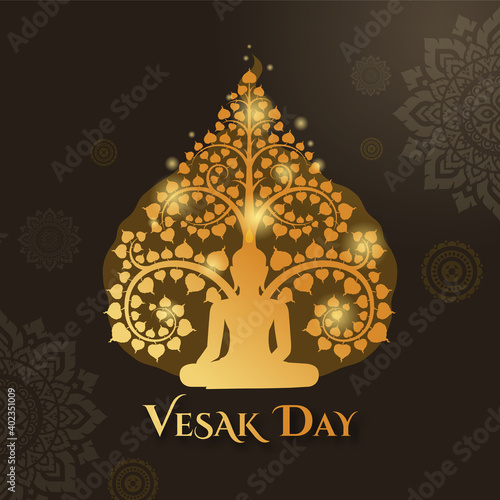Vesak day with buddha sitting under and Thai art pattern decoration background