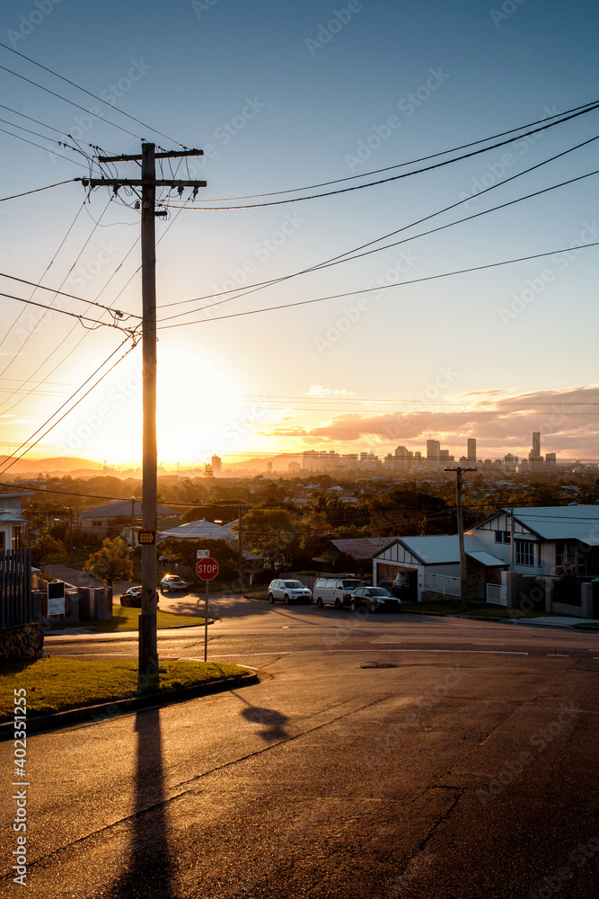 View of a street on the outskirts of Brisbane at sunset, Queensland, Australia.