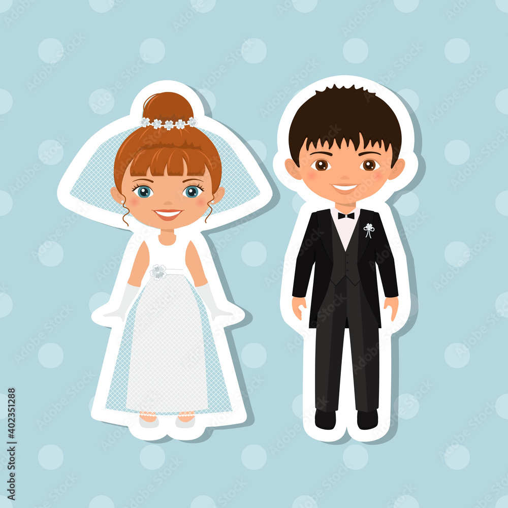 Sticker of wedding couple on blue background. Flat cartoon style Sticker of wedding couple on blue background. Flat cartoon style