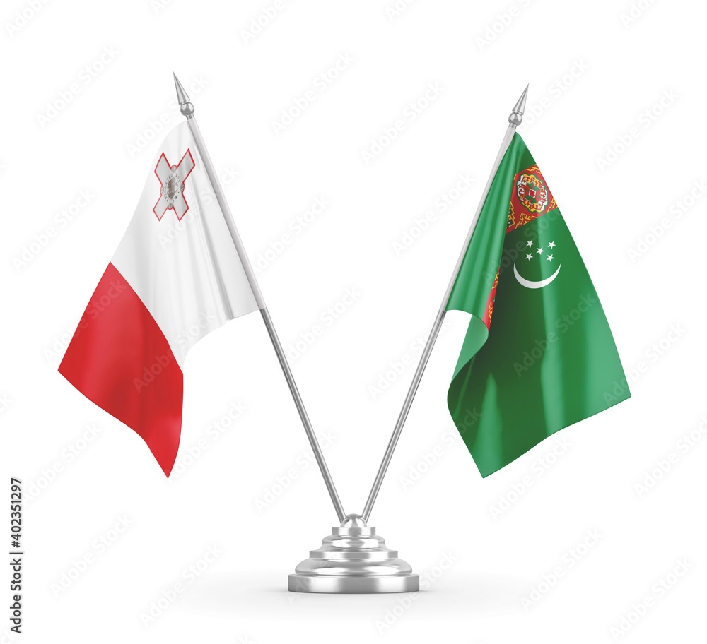 Turkmenistan and Malta table flags isolated on white 3D rendering Turkmenistan and Malta table flags isolated on white 3D rendering