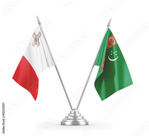 Turkmenistan and Malta table flags isolated on white 3D rendering