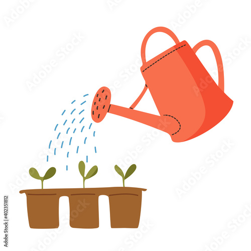 Vector red watering can isolated on a white background. Gardening tools. Seedlings are watered from a watering can.
