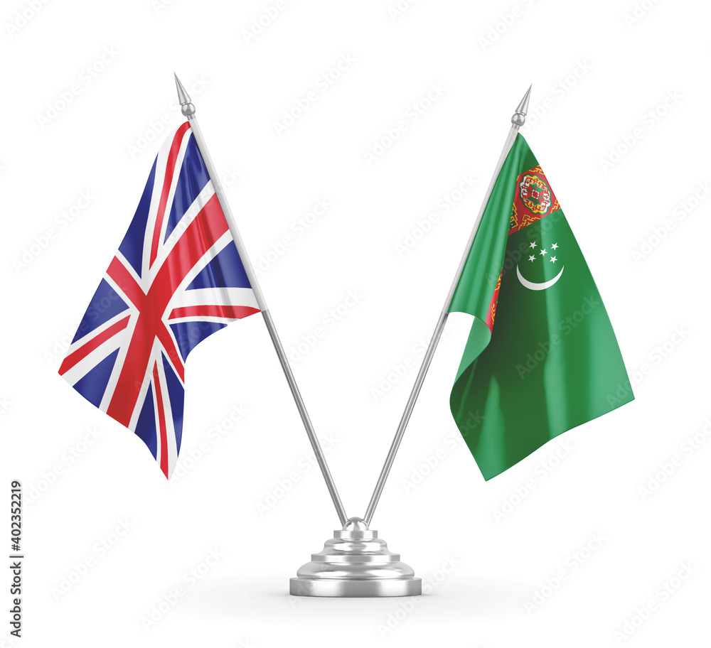 Turkmenistan and United Kingdom table flags isolated on white 3D rendering