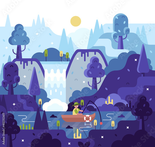Fisherman with a fishing rod in the boat on the river. Forest landscape with lake and mountains, flat vector illustration