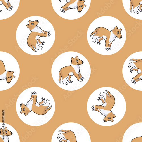 Hand drawn cute Smooth Collie dog breed in polka dot seamless vector pattern. Purebread pedigree puppy domestic on dotty background. Dog lover toy dog all over print. Kennel club pooch. 
