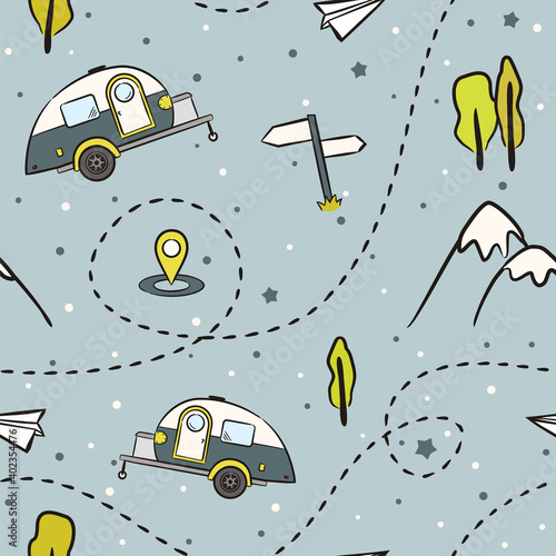 Seamless pattern of Hand-drawn caravan trailer, mountains and trees. Retro campers. Vector illustration on the theme of travel, caravanning, camping, hiking and motorhomes.