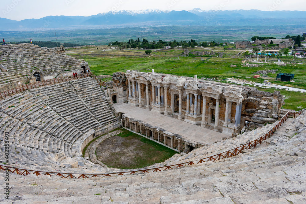 Turkey, Denizli, Panukkale - 23 april 2019 - Top view of the theater in Hierapolis in Turkey