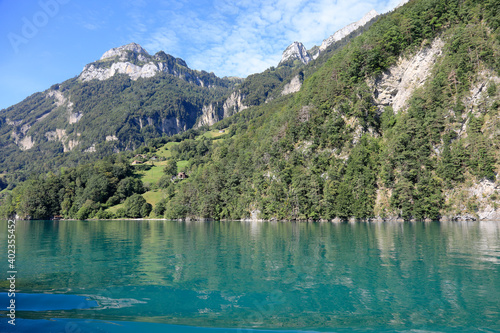 Large mountains range on the lake in Switzerland