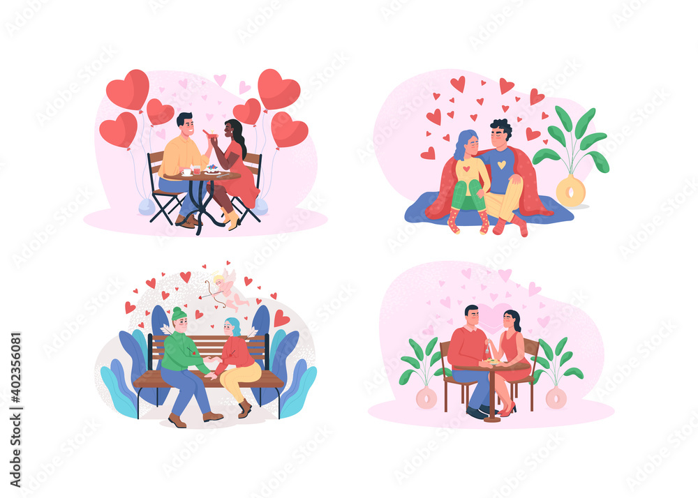 Valentine day 2D vector web banner, poster set. Romantic dinner. Boyfriend and girlfriend. Dating flat characters on cartoon background. Happy couple printable patch, colorful web element collection Valentine day 2D vector web banner, poster set. Romantic dinner. Boyfriend and girlfriend. Dating flat characters on cartoon background. Happy couple printable patch, colorful web element collection