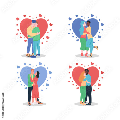 Fototapeta Naklejka Na Ścianę i Meble -  Hugging couples in love flat color vector detailed character set. Gay lovers. Happy boyfriend, girlfriend. Valentine day isolated cartoon illustration for web graphic design and animation collection