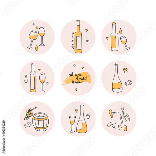 Highlights covers, posts and stories for social media. Round icons of wine bottle, wine glasses, wine barrel, corkscrew. Vector flat cute illustrations for wine shop or winery.