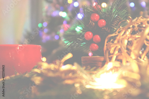 Christmas tree with new year decorations. New Year celebration. Selective soft focus. Background for postcards
