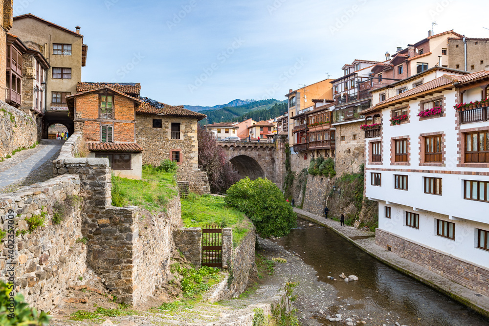 views of potes mountain town in the heart of picos de europa, Spain