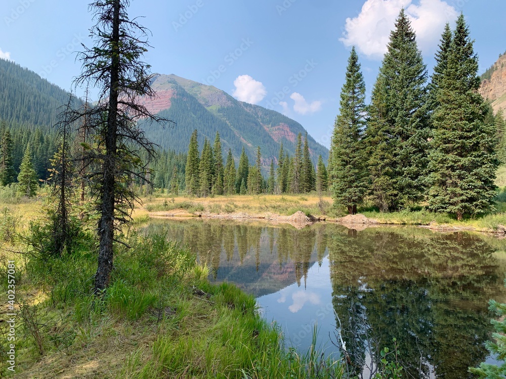 Upper Fork Mineral Creek reflecting surrounding mountains and trees Colorado September 2020