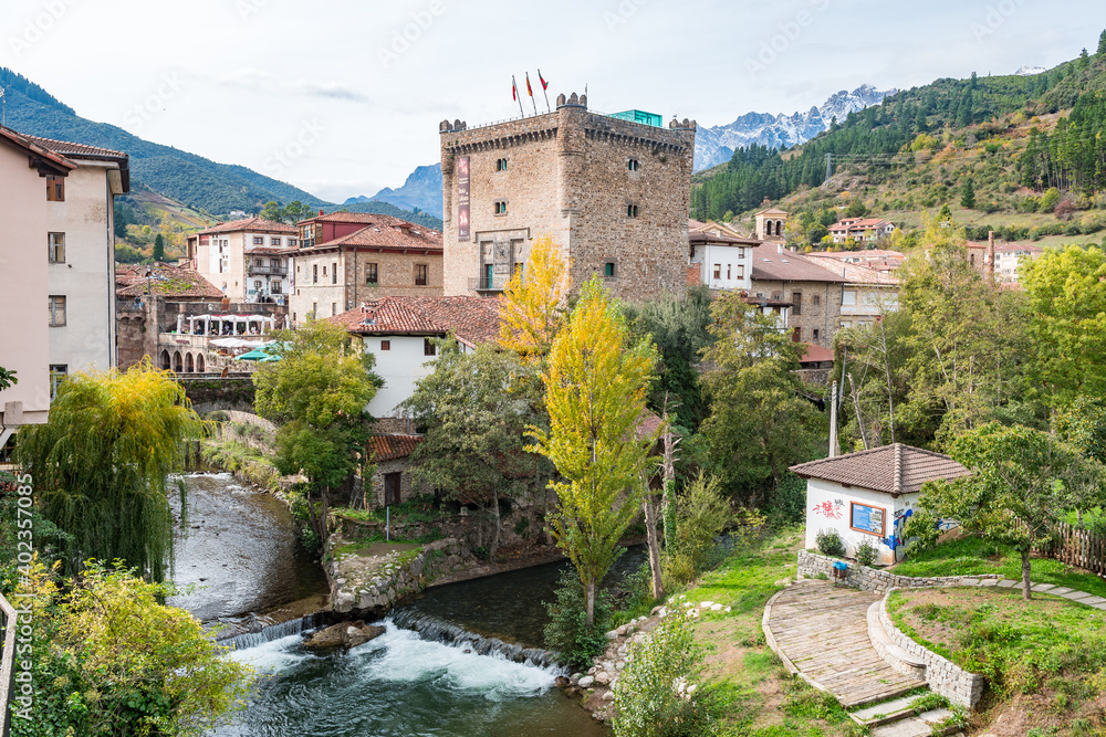views of potes mountain town in the heart of picos de europa, Spain