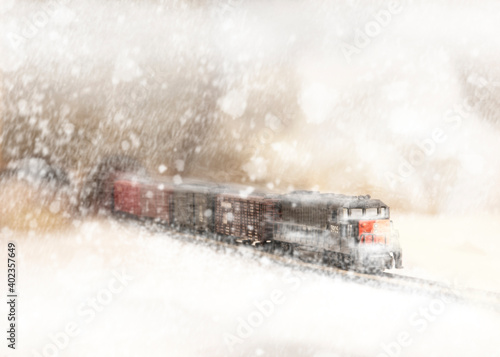 Freight Train in Winter Storm (N-Scale Model railroad vignette)