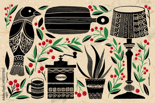 Vector vintage decorative illustration with folk elements. Hand drawn old style design. Retro art with painting of leaves, berries, coffee mill, bird, lamp, house plant, cutting board and cup.