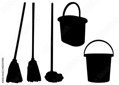 Buckets and mops included in the floor cleaning set. Vector image.