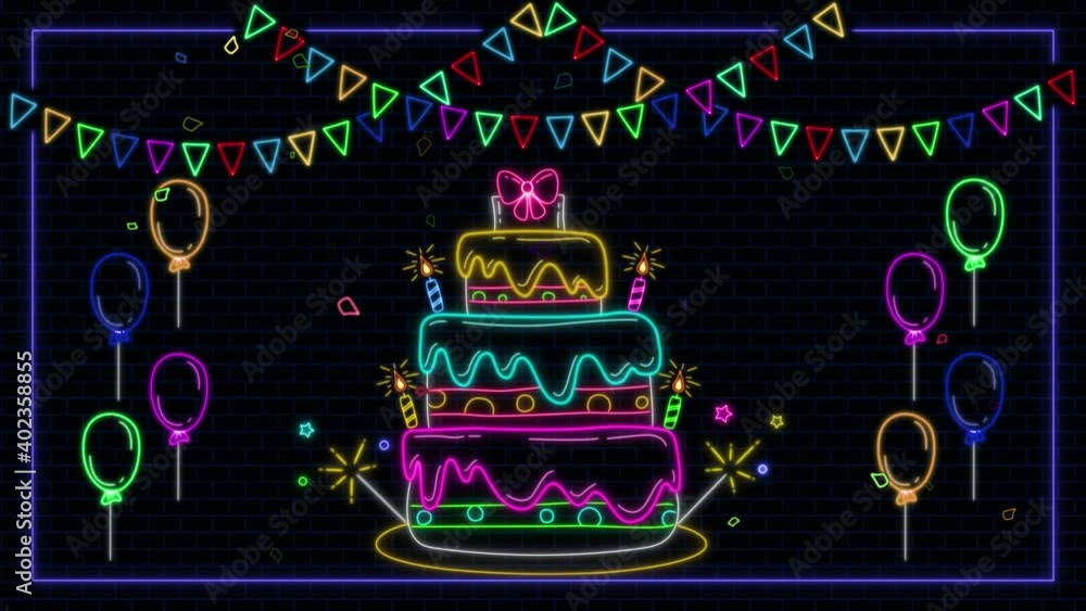 big cake neon lights happy birthday concept animation footage,colorful ...