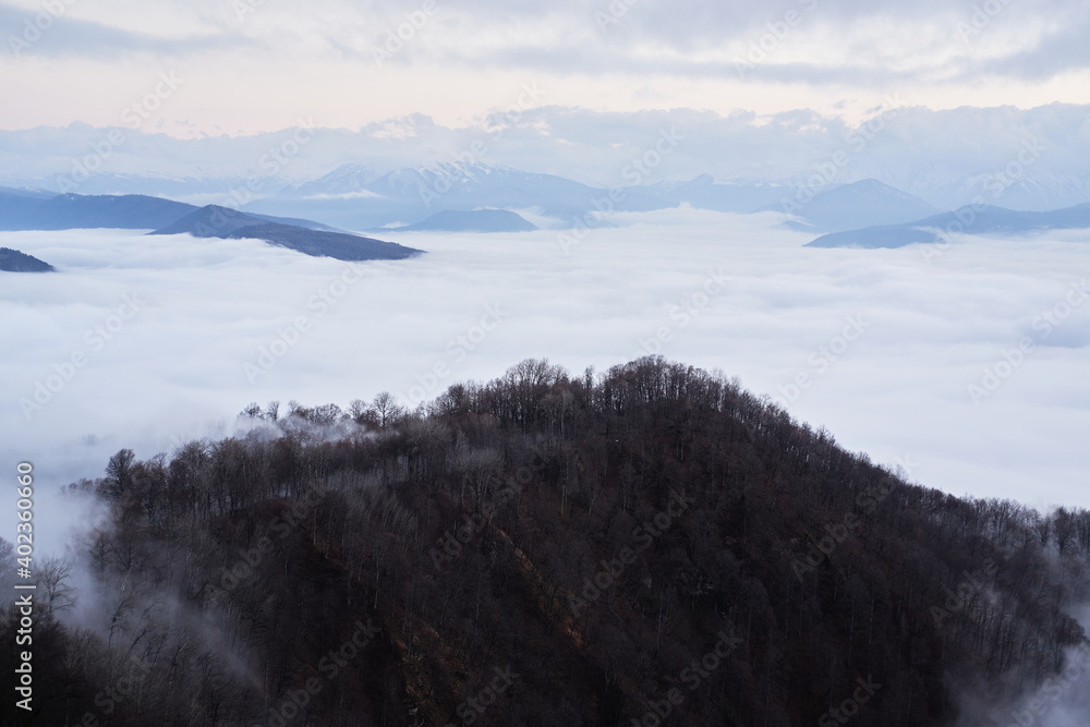 Low clouds, view of winter forest and mountains from observation deck, horizontal picture of amazing natural phenomenon. Beautiful unreal panoramic view of mountains in clouds. Low clouds, view of winter forest and mountains from observation deck, horizontal picture of amazing natural phenomenon. Beautiful unreal panoramic view of mountains in clouds.