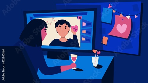 vector illustration of online dating.  a woman with a glass of wine communicates by videoconference with a man.  valentine's day in the distance.  stay home. virtual relationships concept .
