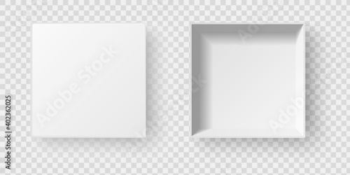 Empty open white square pack box with shadow isolated on transparent background. Top view on realistic blank cardboard container with open cap. Mockup of package model for product, gift, present.