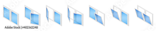 Isometric vector illustration plastic windows isolated on white background. Isometric vector diagram showing a casement window in three different positions: closed, tilted open and swung fully open.