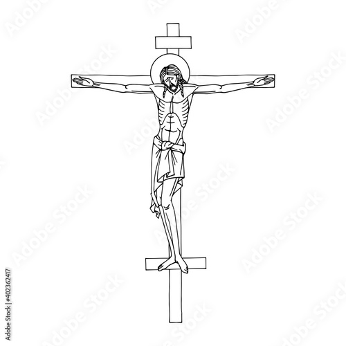 crucifixion of Jesus Christ on the cross, son of God, Christian religious symbol, Orthodox icon, vector illustration with black ink contour lines isolated on a white background in hand drawn style
