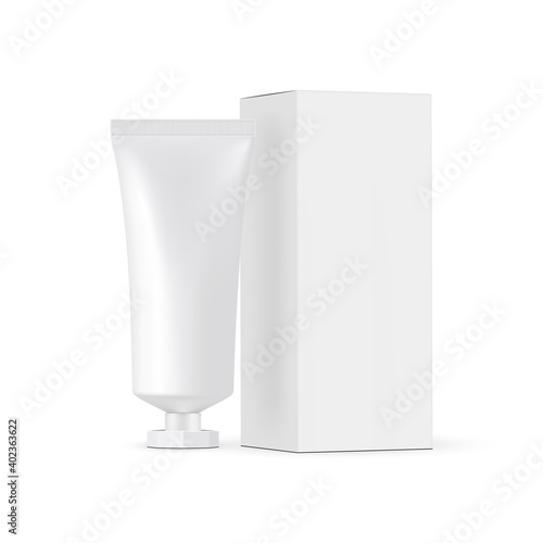Small Cosmetic Tube Mockup With Screw Octagonal Cap and Box Side View, Isolated on White Background. Vector Illustration