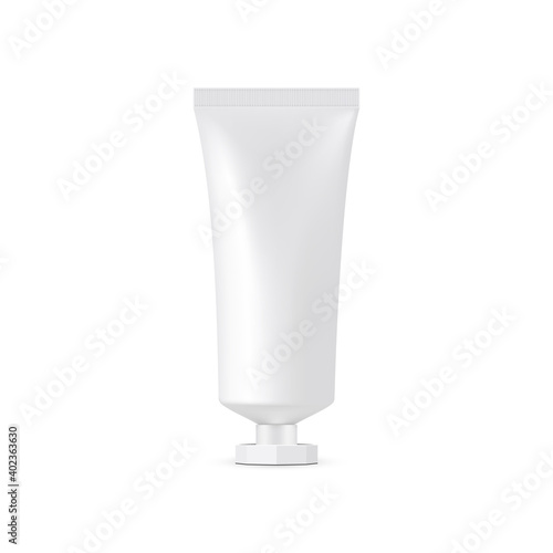 Small Plastic Cosmetic Tube Mockup With Screw Octagonal Cap, Front View, Isolated On White Background. Vector Illustration