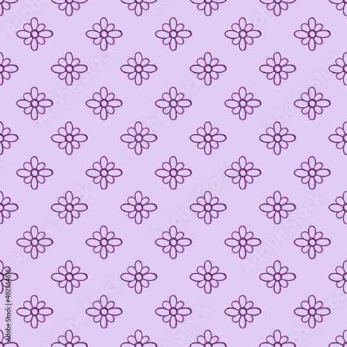 Fancy purple flowers simple diagonal seamless pattern on the lilac background simple floral repeat ornament, decor for love holiday, invitations, greeting cards, textile, gift paper