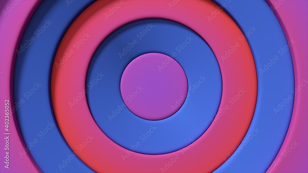 Abstract pattern of colorful circles with offset effect. Red blue rings. Abstract creative background. 3d illustration