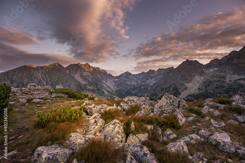 Sunset panorama in High Tatras mountains national park. Mountain popradske lake in Slovakia. photo