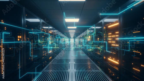 Digital information travels through fiber optic cables through the network and data servers behind glass panels in the server room of the data center. High speed digital lines 3d illustration photo