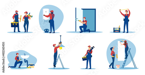Vector of repair people, plumbers, electricians, painter renovating an apartment