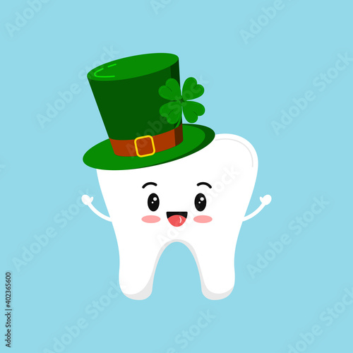 St Patrick day happy tooth in green leprechaun hat. Cute dental tooth irish character with gnome cylinder hat. Flat design cartoon style dentist celebration vector illustration.