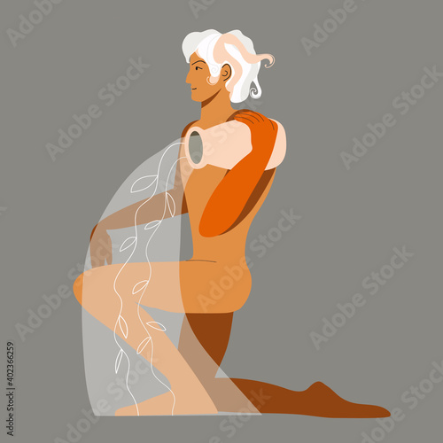 A man in the image of the sign Aquarius pours water from a jug