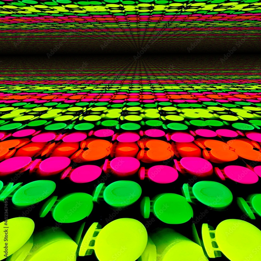 Fototapeta premium patterns and designs from vividly coloured pen tops in green yellow and pink infinity surface view