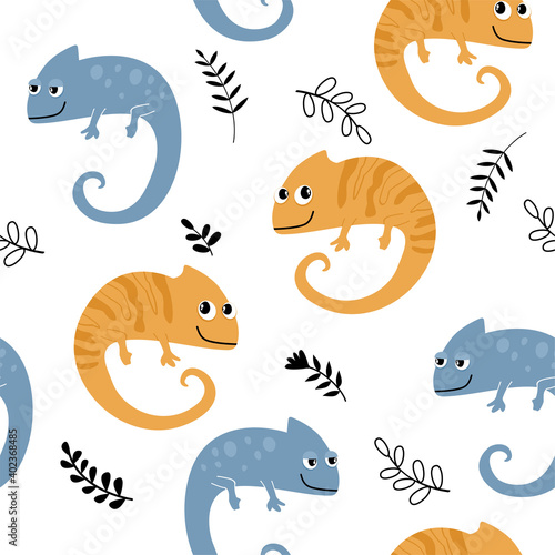 Seamless pattern with funny chameleon lizard character in cartoon style