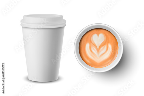 Vector 3d Realistic Paper, Plastic White Disposable Coffee Cup, Lid. Milk Coffee, Flower, Heart Pattern Set Isolated. Capuccino, Latte. Vector Illustration. Design Template, Mockup. Top, Front View