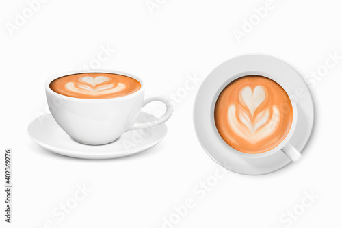 Vector 3d Realistic White Porcelain Ceramic Mug. Milk Coffee, Foam, Flower, Heart Pattern Set Isolated on White. Capuccino, Latte. Stock Vector Illustration. Design Template, Mockup. Front, Top View