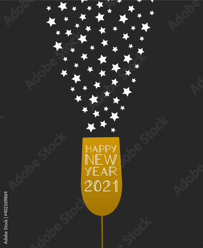 Happy New Year 2021 banner. Celebration card with star and glass for champagne