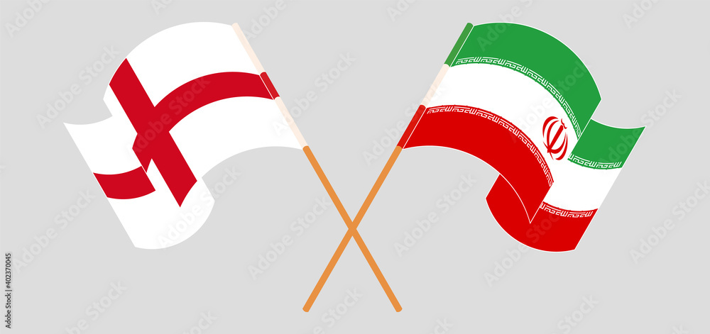 Crossed and waving flags of England and Iran Crossed and waving flags of England and Iran