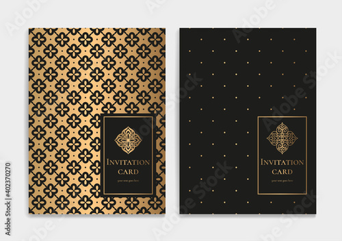 Black invitation card design with geometric golden pattern. Luxury vector template. Great for flyer, menu, brochure, postcard, background, wallpaper, decoration, packaging or any desired idea.