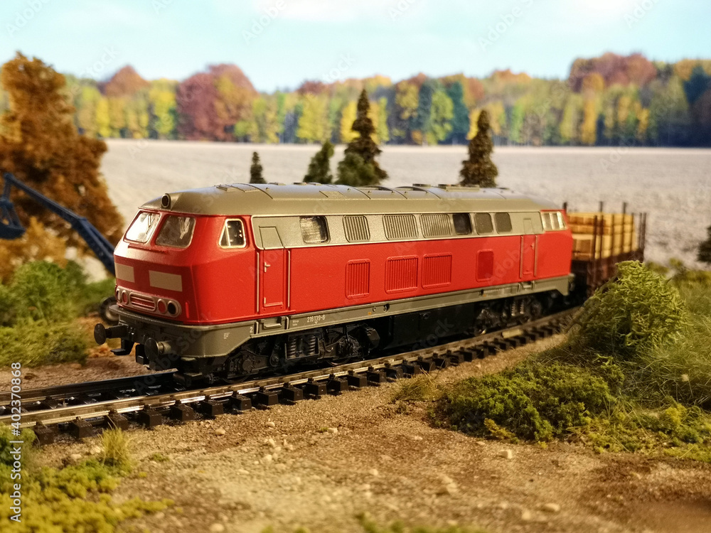 Fototapeta premium Modellbahn Diesellok BR216 in einer Landschaft