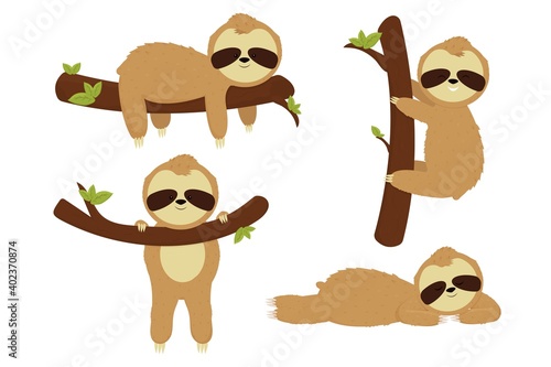 Set sleep, cute sloth isolated on white background. Cartoon bear character rest, hang and relax. Different pose, funny, adorable animal.