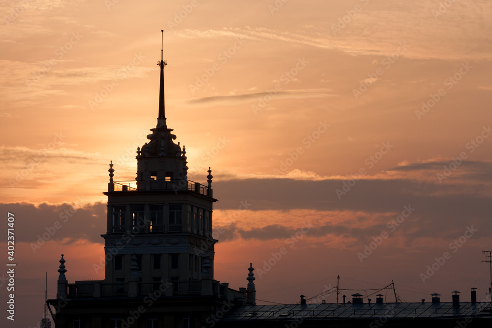 The silhouette of the tower at sunset in Moscow. Russia