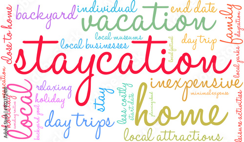 Staycation Word Cloud on a white background. 